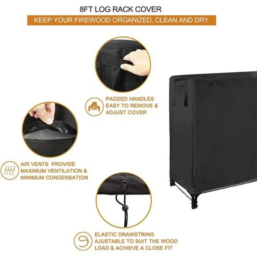 8ft Firewood Log Rack with Waterproof Cover, Heavy-Duty | Black